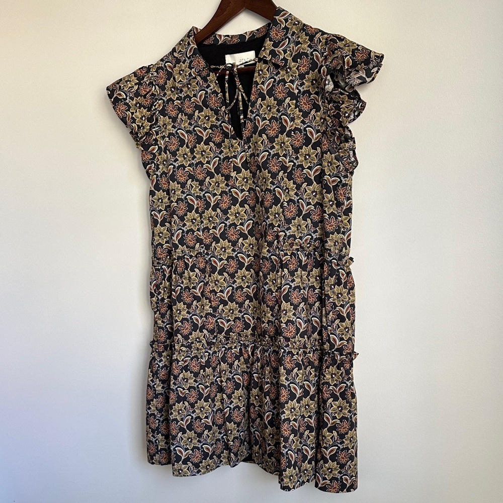 Pinch Anthropologie Black, Mustard, & Rust Floral Babydoll Mini Dress 100 Cotton - Picture 8 of 11